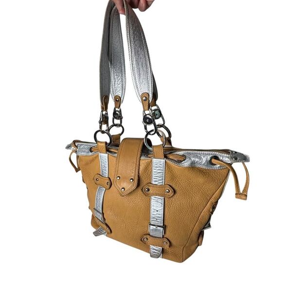 Gustto Italian Leather Large Satchel Bag Tan Silver - Picture 10 of 10